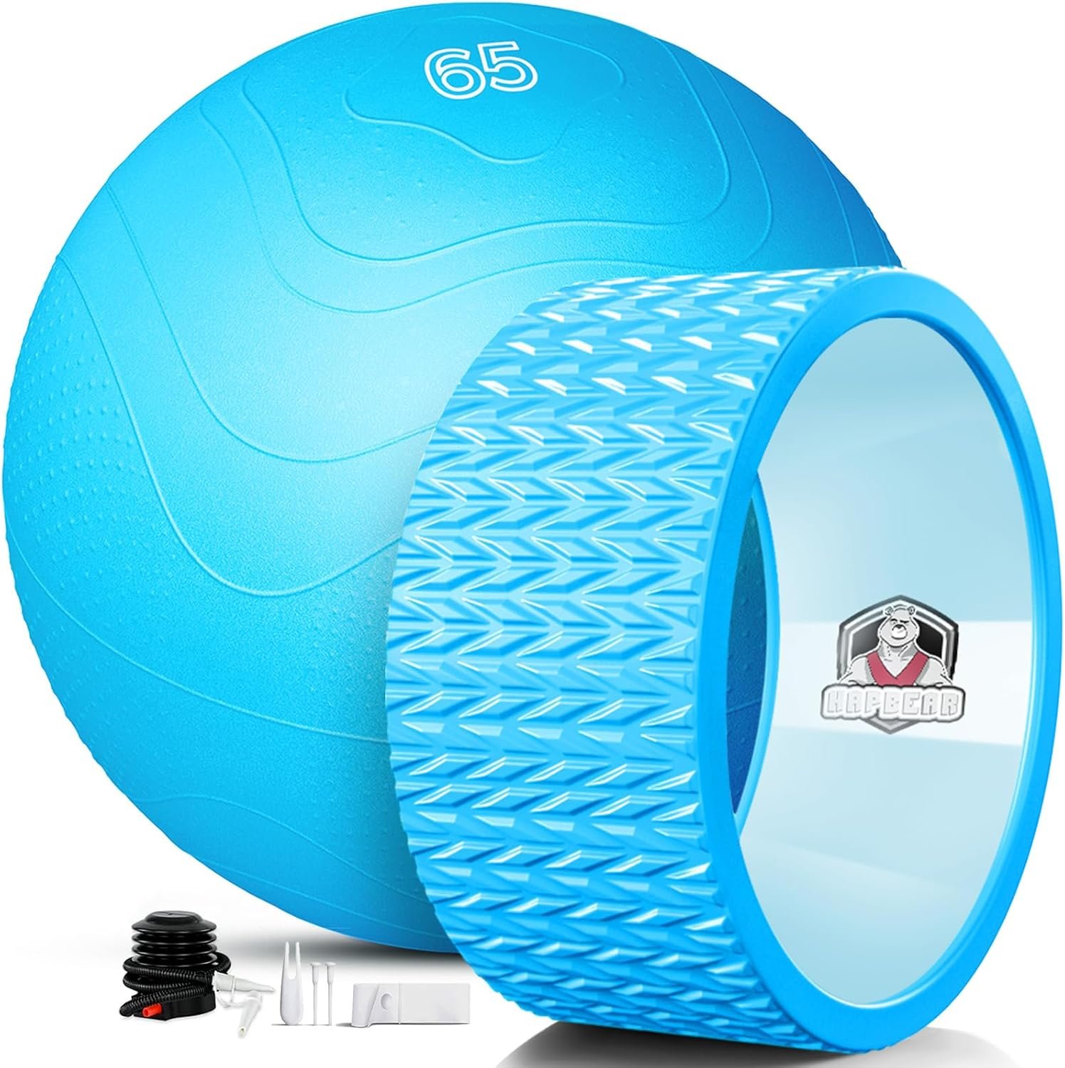 HAPBEAR Yoga Wheel Set with Exercise Ball, 12” Back Roller Wheel for Back Pain Relief, Foam Roller for Back Stretching, Physical Therapy & Muscle Massage