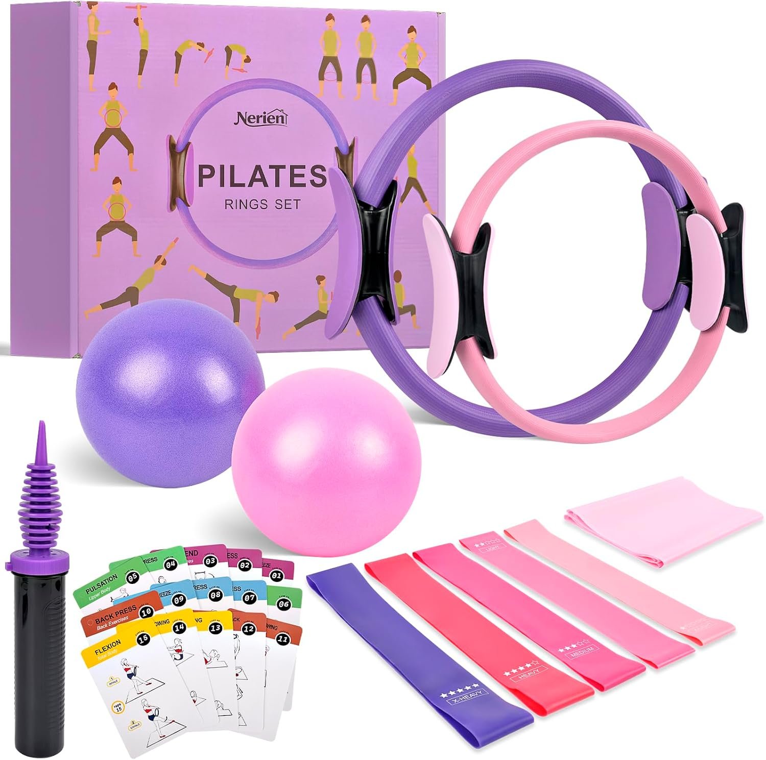 Pilates Ring Ball Equipment Kit – 27Pcs, 12″ & 14″ Magic Circle Workout Rings, 9.8″ Exercise Balls, Workout Cards, Resistance Bands, Women Yoga Essentials Set for Beginners, Home Reformer Accessories