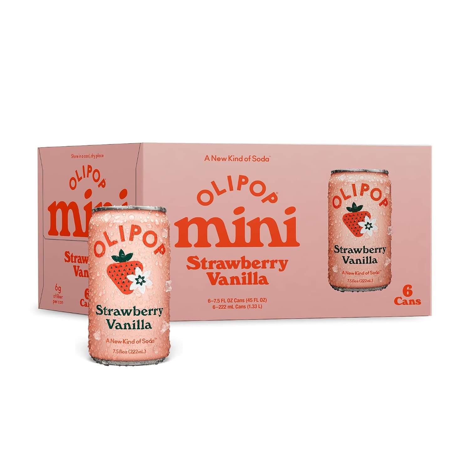 OLIPOP MINIs 6g Fiber Prebiotic Soda, Strawberry Vanilla, 7.5 fl oz, 6 Pack