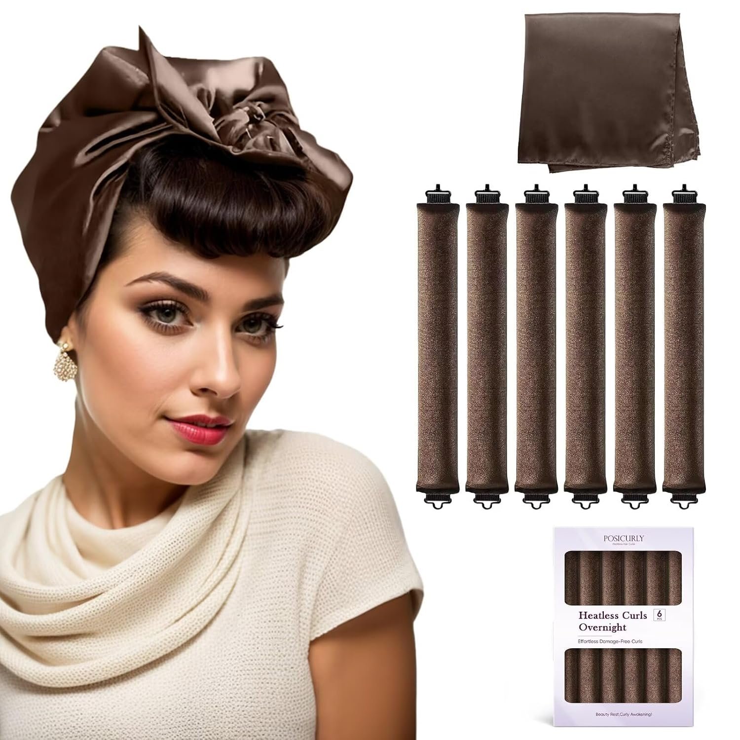 Overnight Hair Curlers Heatless Curls – 6 Pcs No Heat Blowout Curling Rods to Sleep In with Satin Hair Scarf