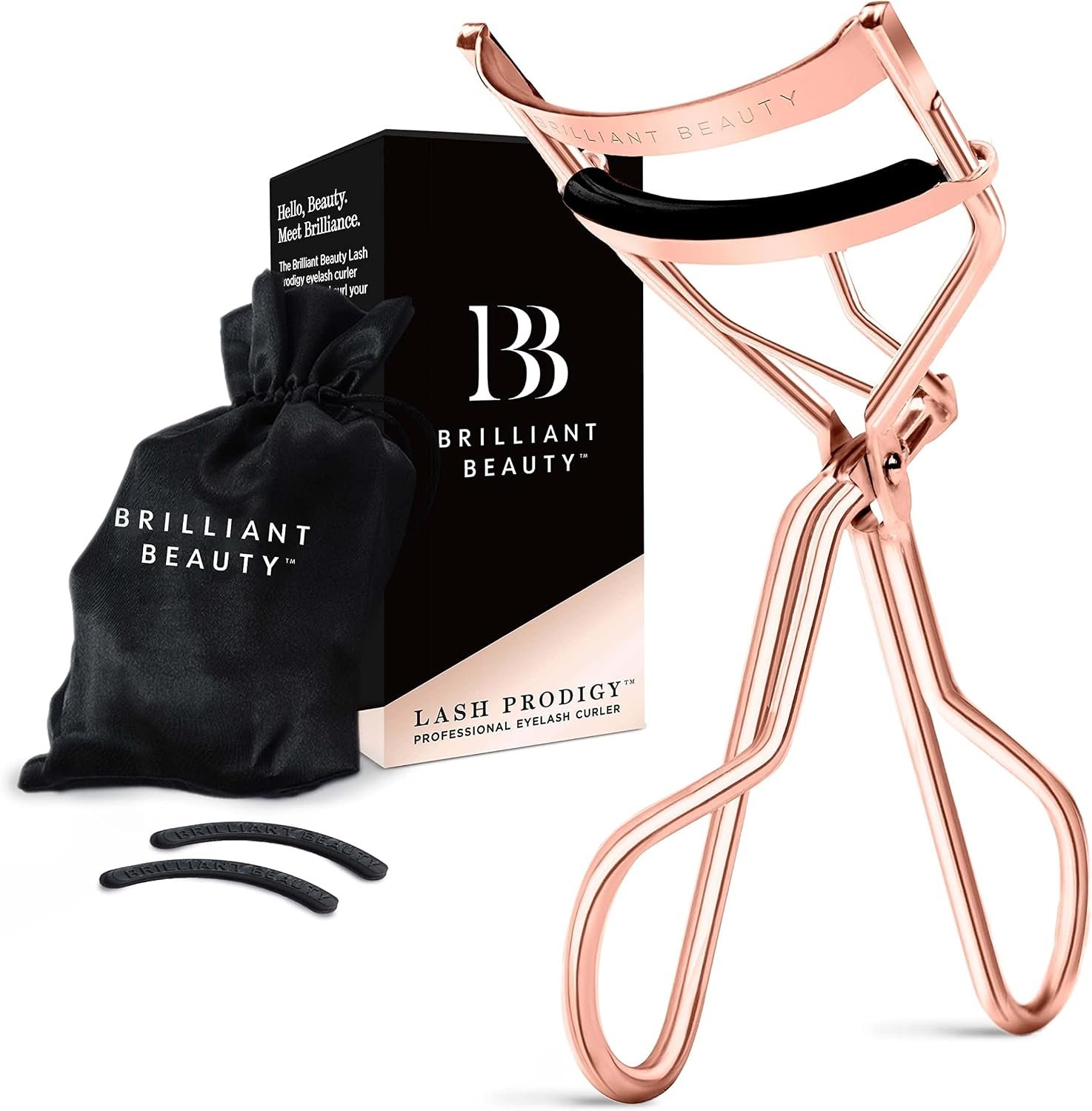 Brilliant Beauty Eyelash Curler with Satin Bag & Refill Pads – Award Winning – No Pinching, Just Dramatically Curled Eyelashes for a Lash Lift in Seconds (Rose Gold)