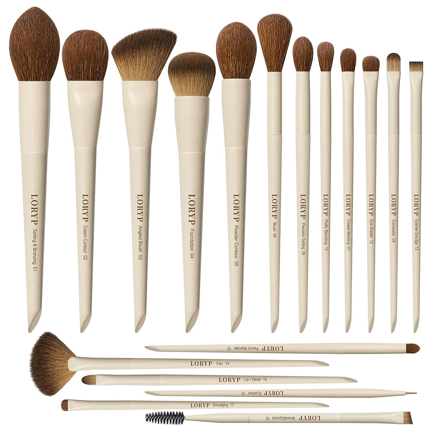 LORYP Makeup Brushes Set Labeled 18 Piece Face and Eye Brush Set Ultra soft hair Foundation, Concealer, Blush, Contour, Blending, Eyeshadow Khaki Brush kit