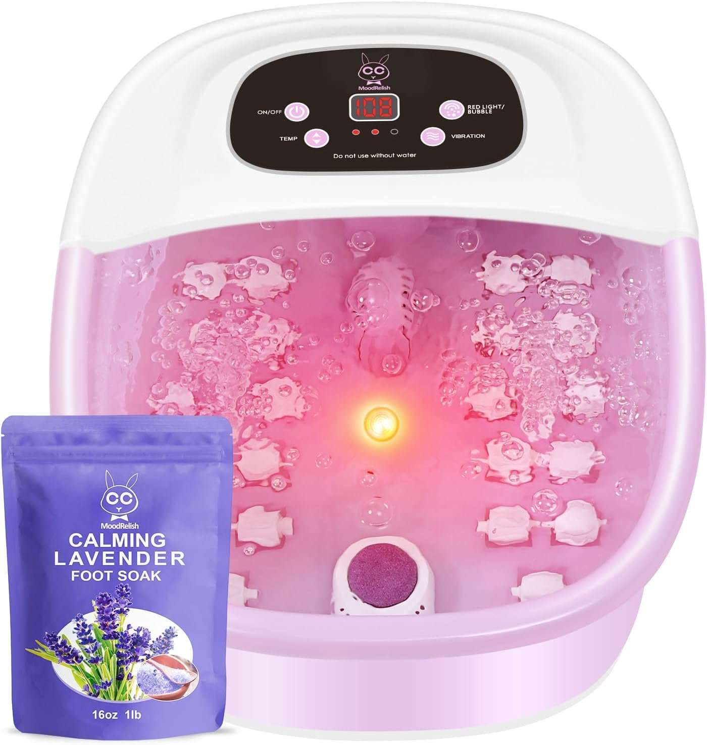 Foot Spa Bath Massager with Heat Bubbles and Vibration Massage and Jets, 16 OZ Calming Lavender Foot Soak Epsom Salt, Foot Soaker with Red Light, 22 Massage Rollers, Adjustable Temp – Pink