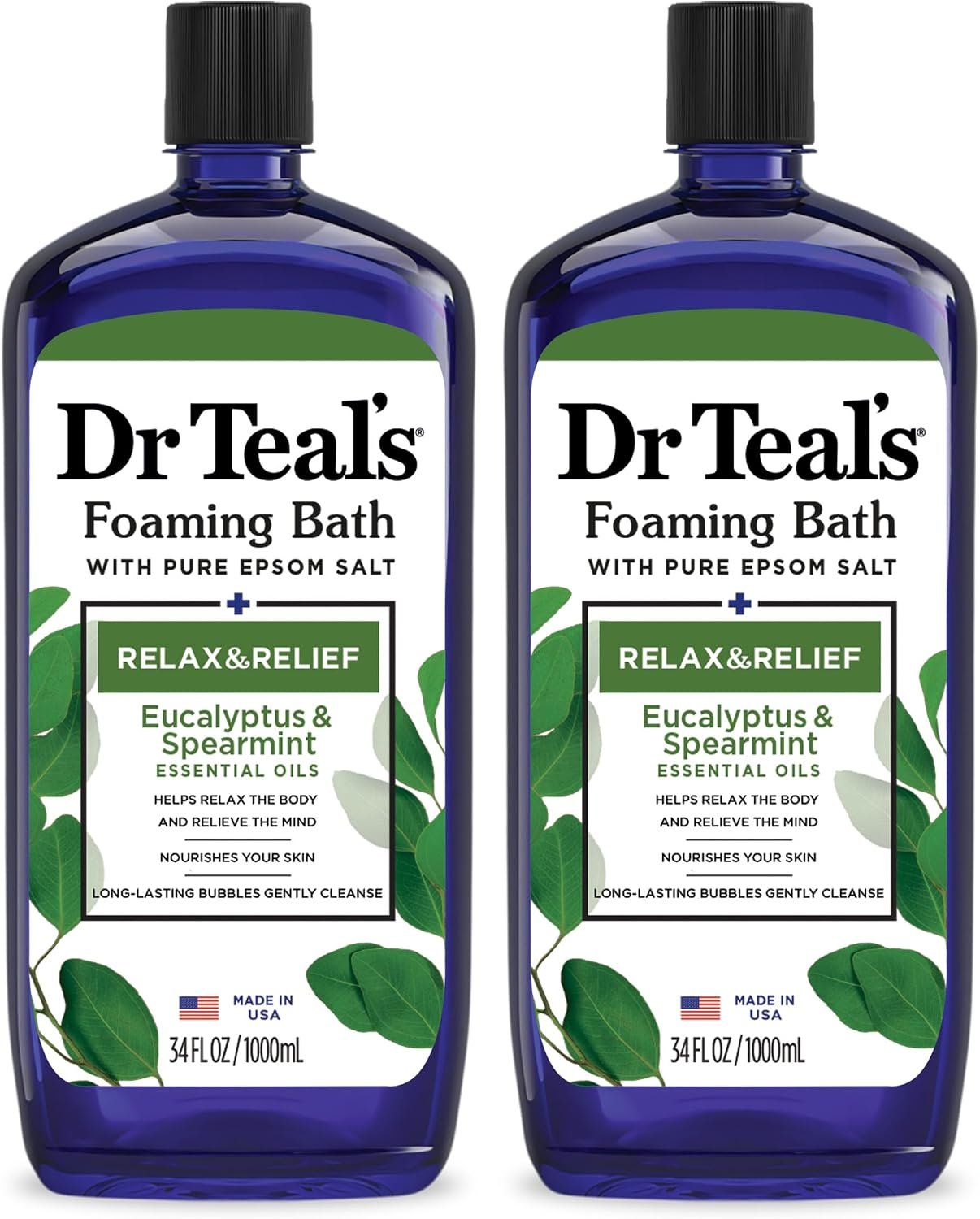 Dr Teal’s Foaming Bath with Pure Epsom Salt, Relax & Relief with Eucalyptus & Spearmint, 34 fl oz (Pack of 2)