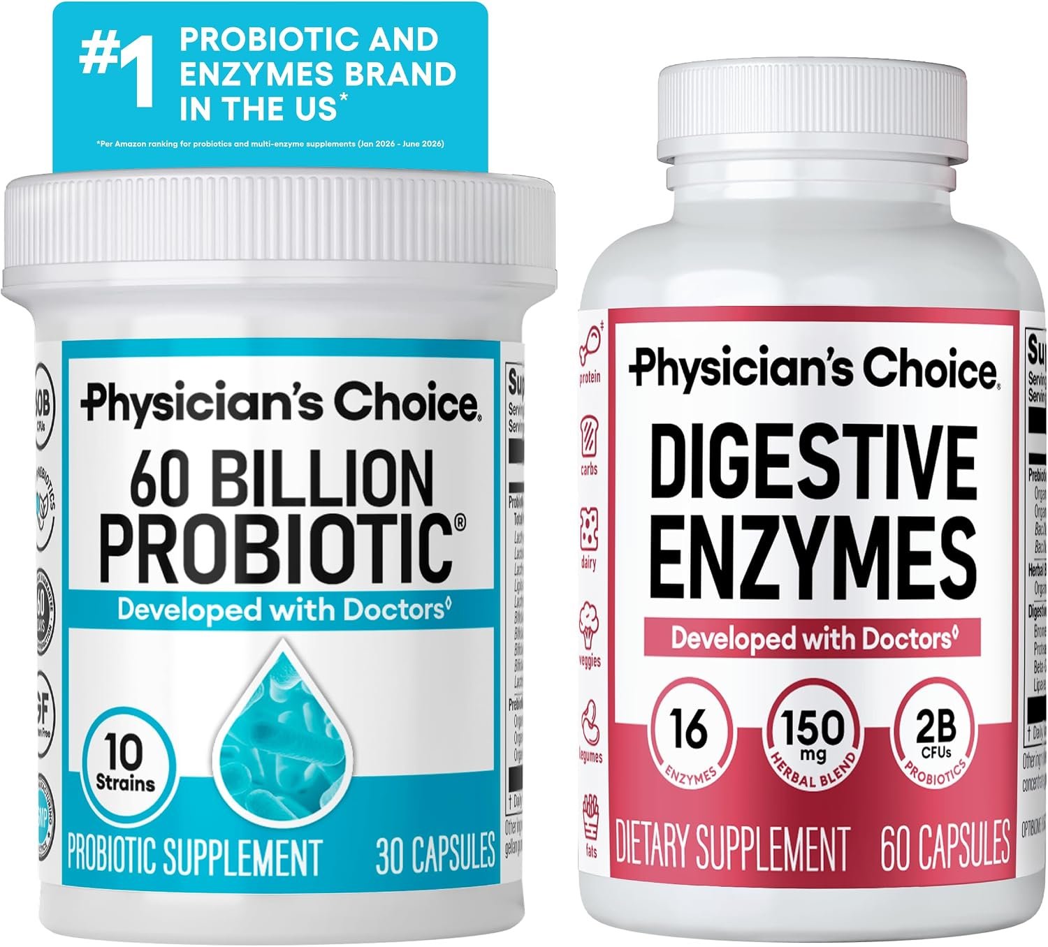 Physician’s CHOICE Advanced Gut Health Bundle: 60 Billion Probiotics 30ct + Digestive Enzymes 60ct w/Lactase+ Digestive, Gut, Immune Health Supports Occasional Constipation, Diarrhea, Gas, Bloating