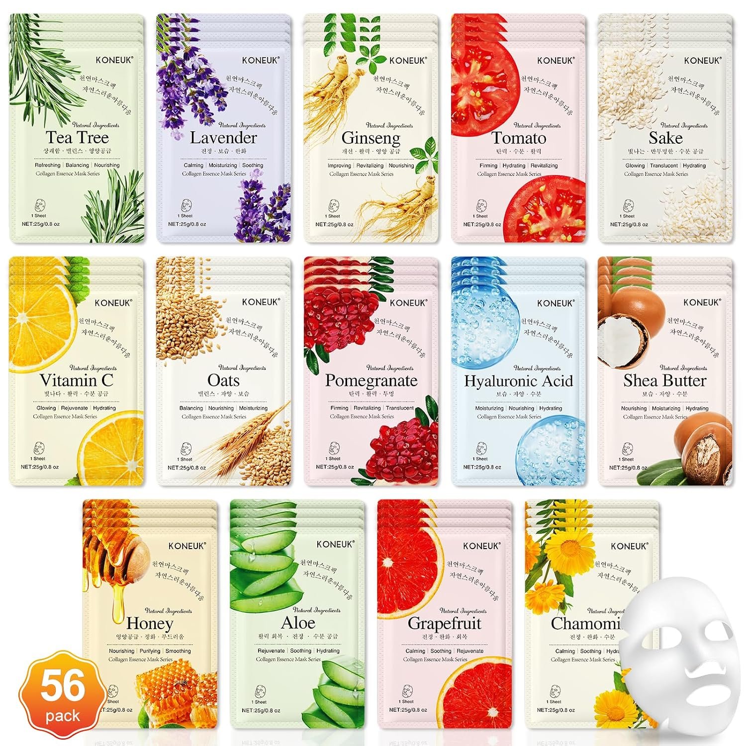 KONEUK 56 Pack Sheet Face Masks Skincare for Women, Hydrating Face Masks