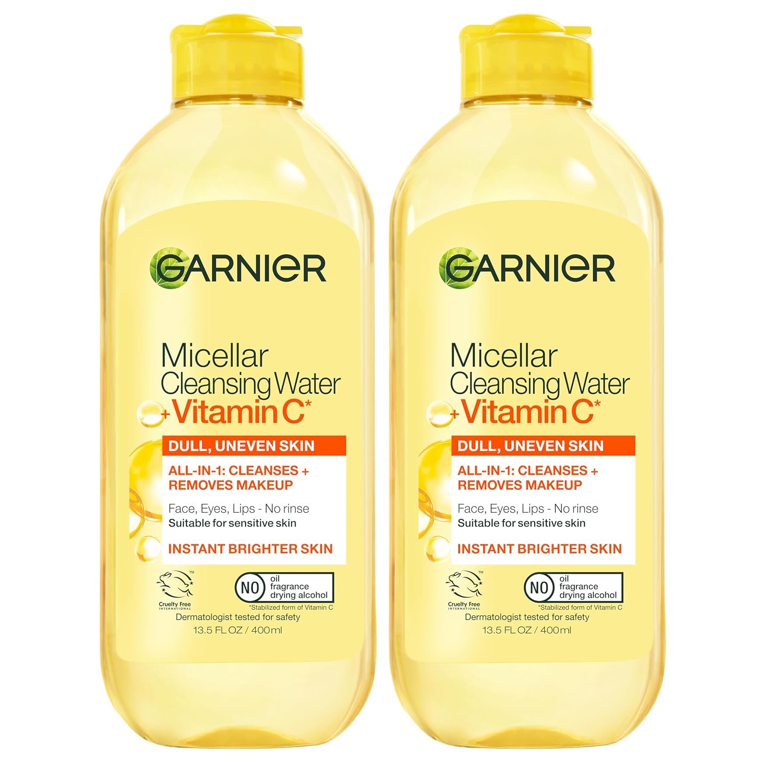 Garnier Micellar Water with Vitamin C, Facial Cleanser & Makeup Remover, Brightening & Hydrating, For All Skin Types, Vegan, Cruelty Free, 13.5 Fl Oz (400mL), 2 Count