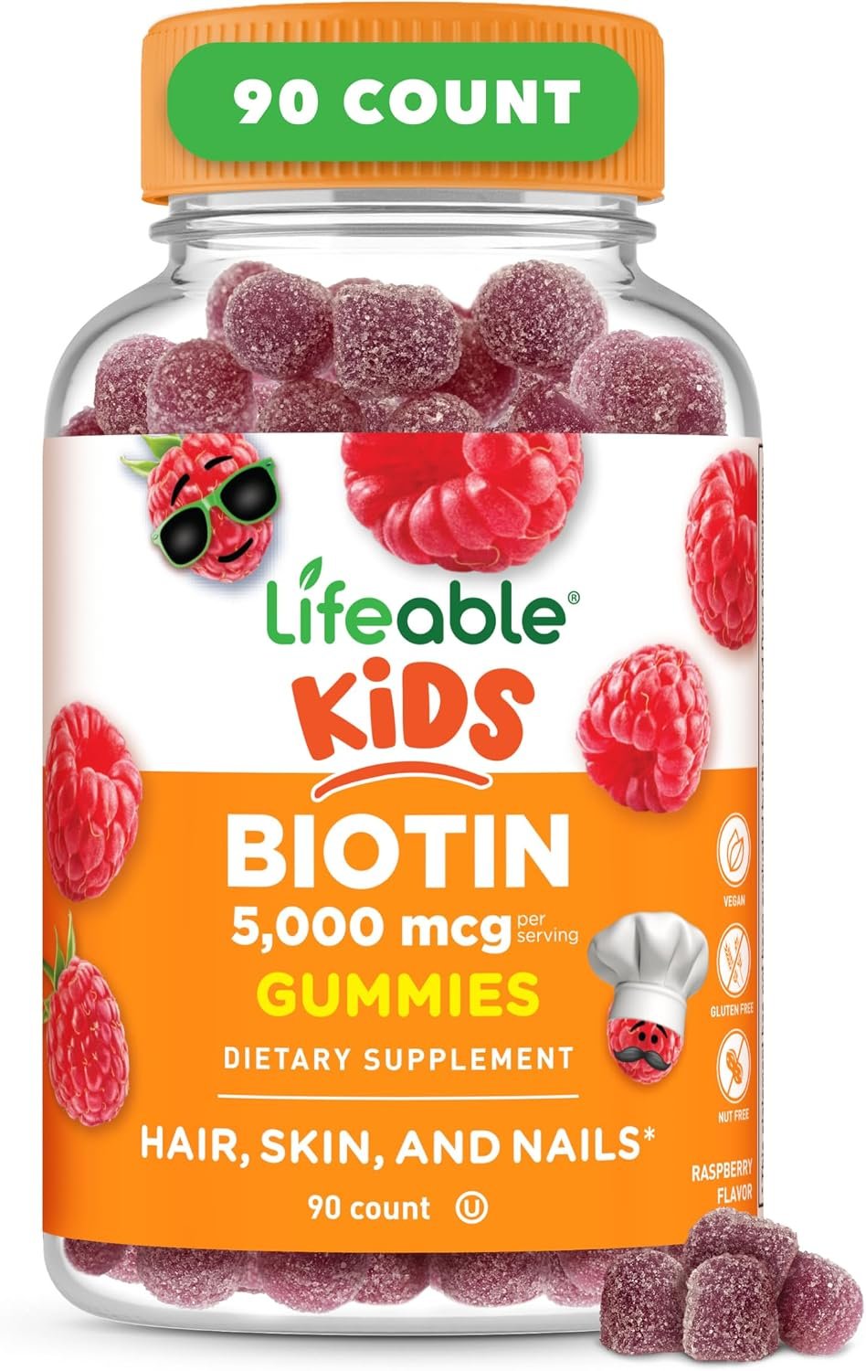 Lifeable Kids Biotin Gummies for Hair Growth, 5,000 mcg, Vegan, 90 Count