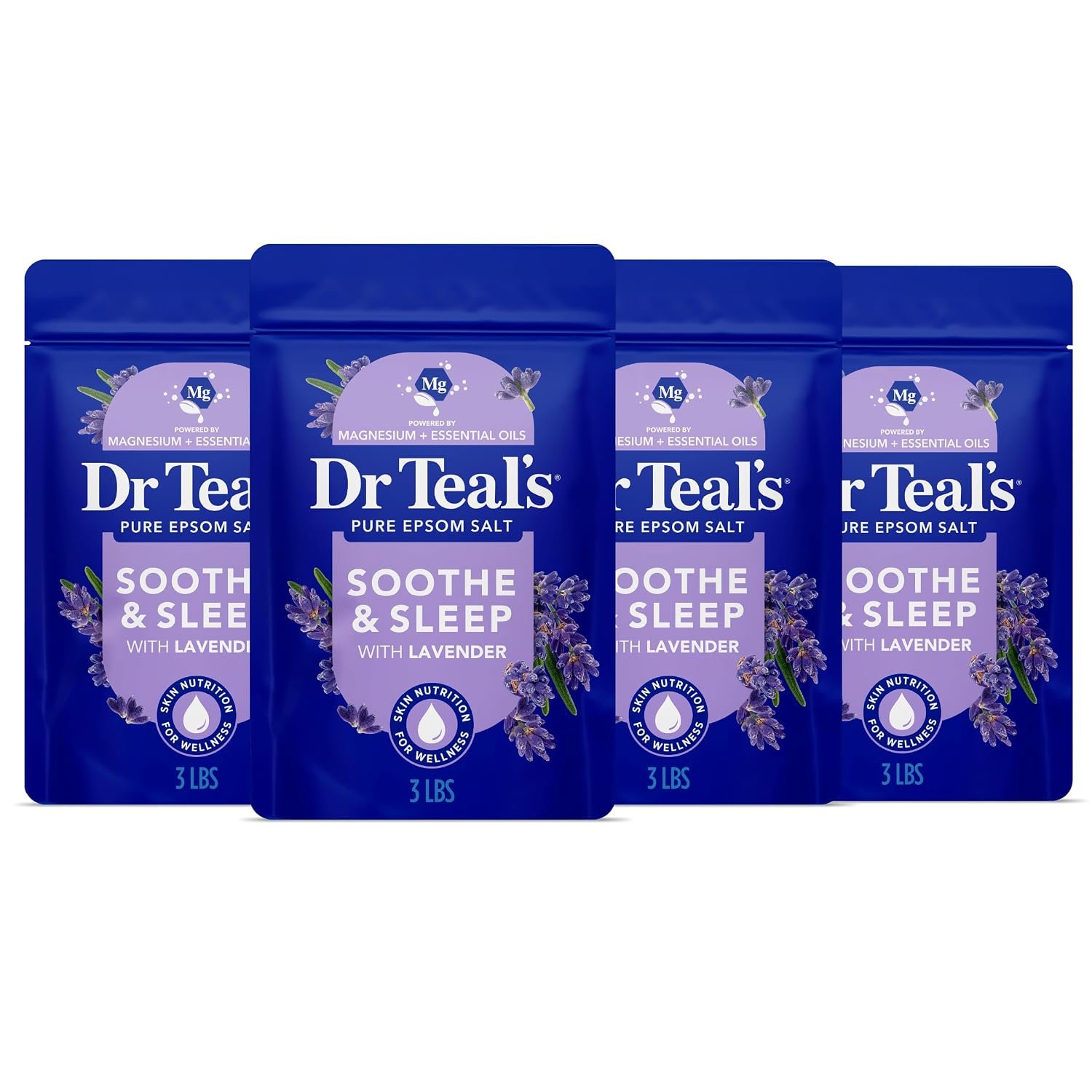 Dr Teal’s Pure Epsom Magnesium Salt Soak, Soothe & Sleep with Lavender, 3 lb (Pack of 4)