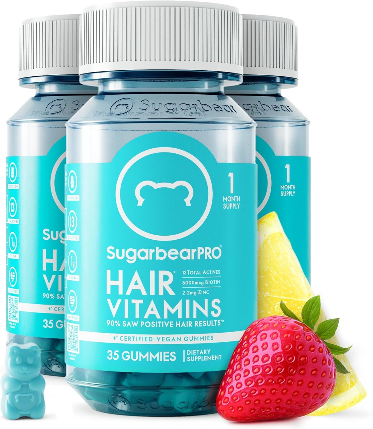 SugarbearPRO Hair Vitamin Gummy 3 Month Supply Extra Strength Biotin 6000mcg, Growth for Men & Women, Vegan Vitamin B12, MSM, Inositol, Omega 3, Elderberry, Certified Kosher, Halal, Cruelty-Free