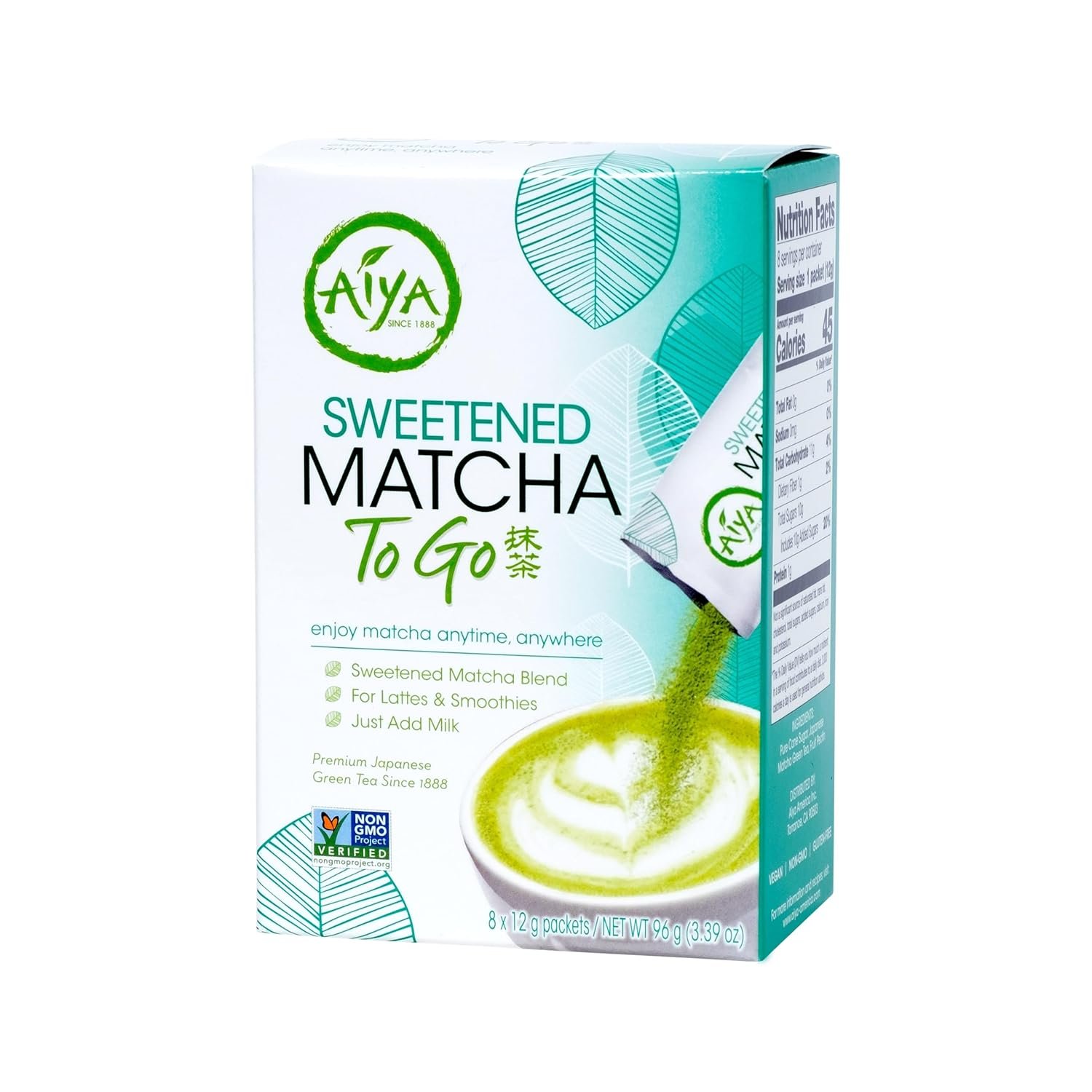 Aiya Japanese Sweetened Matcha Powder to Go Sticks – Ceremonial Grade, Vegan-Friendly, Gluten-Free – 8 Individually Packed Single-Serving Sticks for Freshness and Convenience