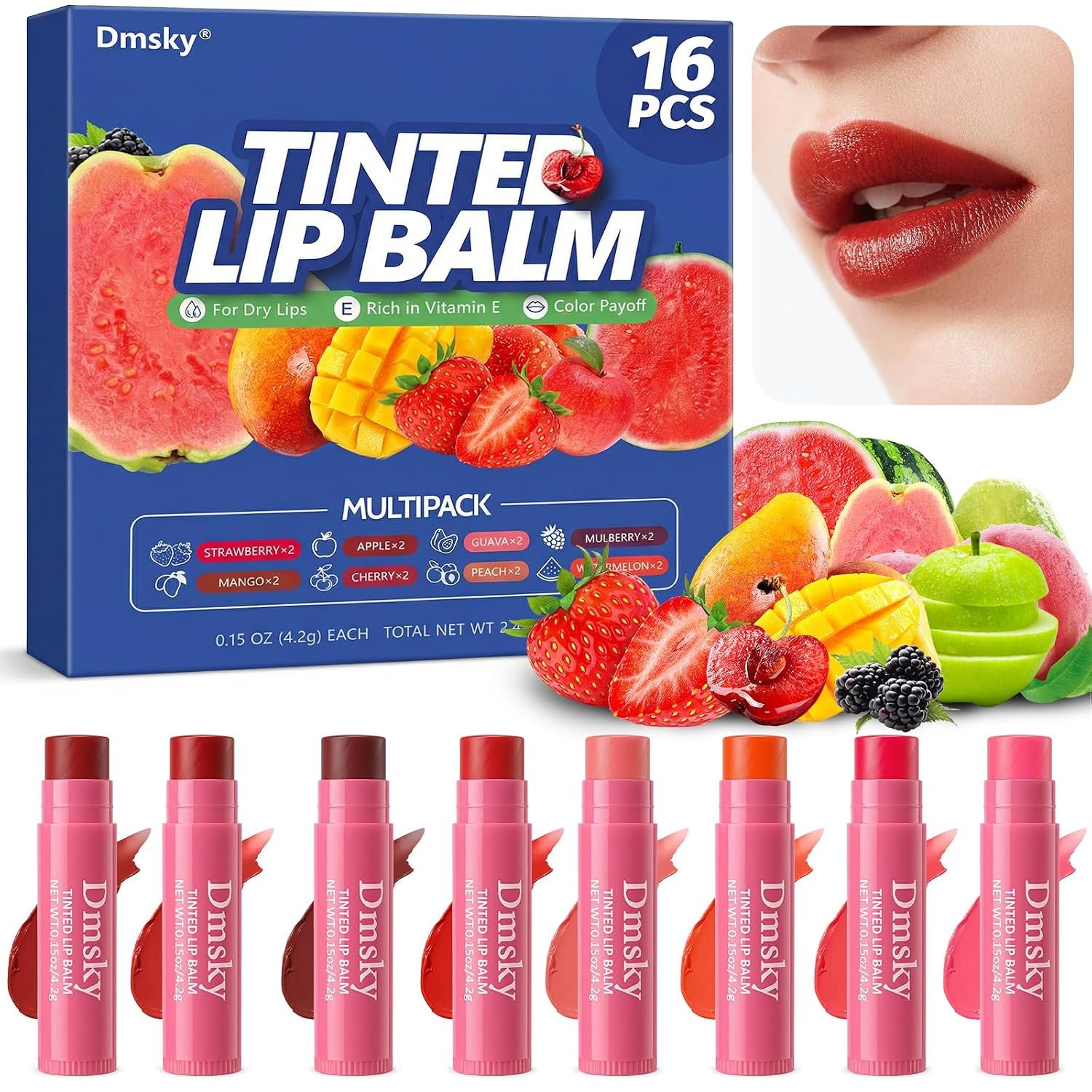 16 Pack Tinted Lip Balm,3-In-1 Moisture Repair Color Lip Tint Stain,8 Flavors Lip Balms & Moisturizers Bulk Gifts for Women,0.15 OZ Natural Lip Balm Tinted with Beeswax