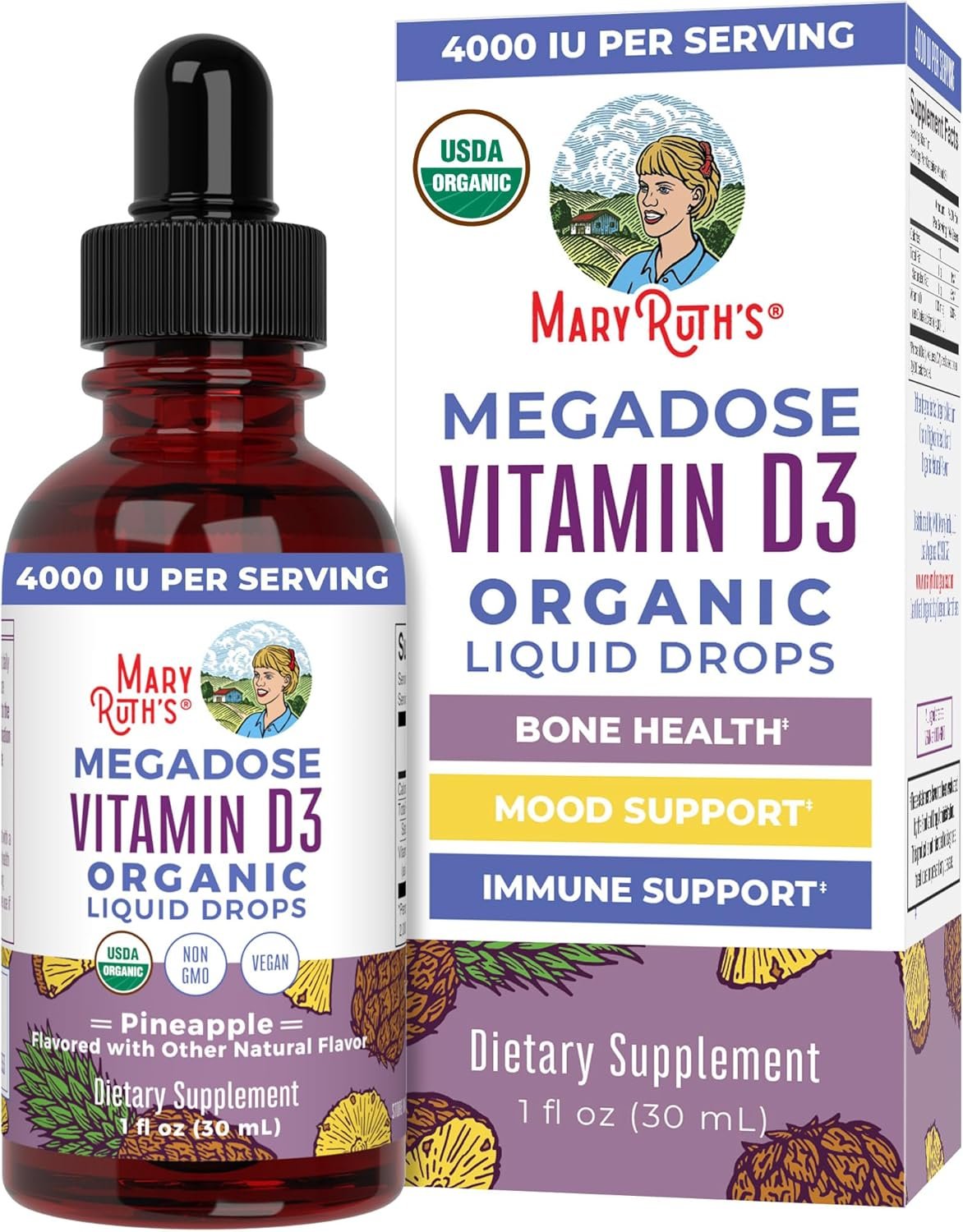 MARYRUTH’S USDA Organic Megadose Vitamin D3 Liquid Drops, Pineapple, 1 oz