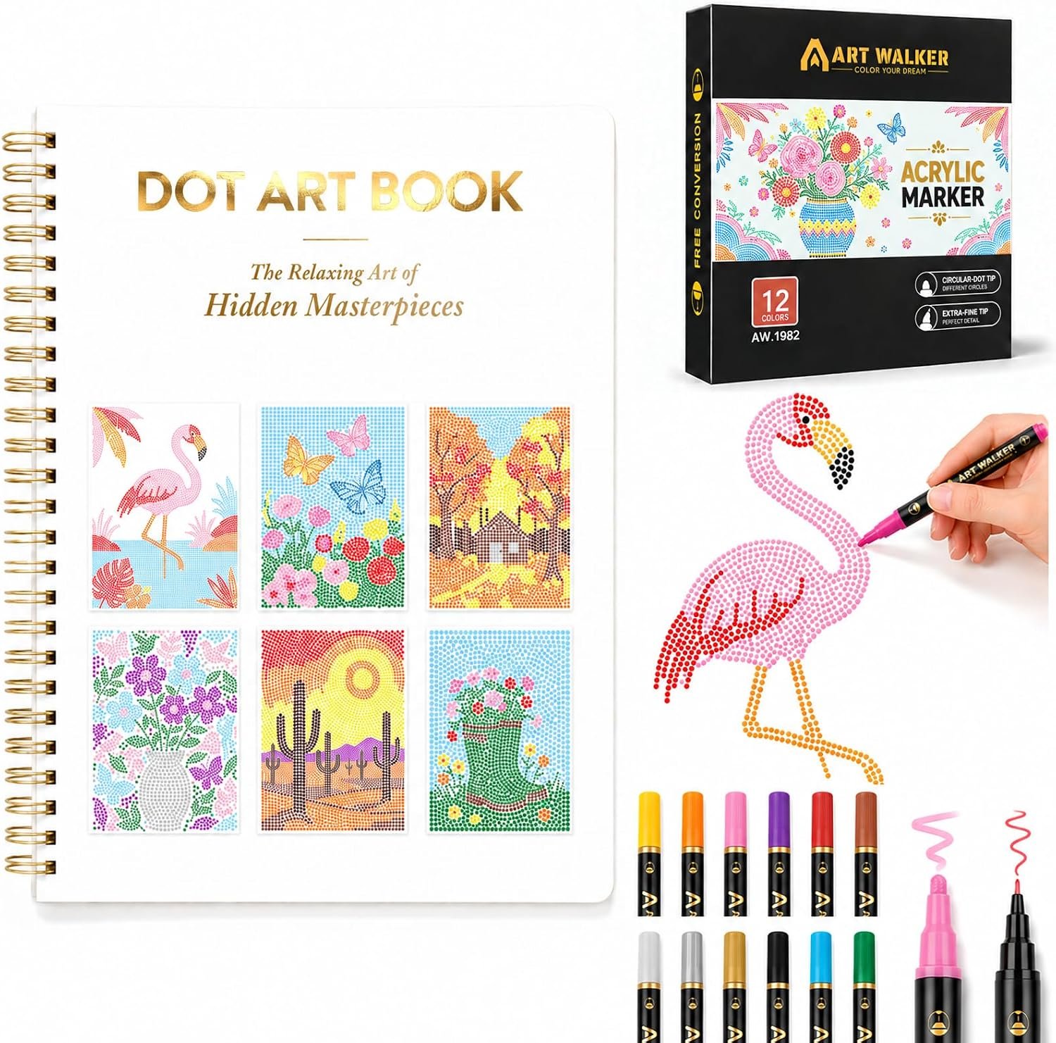 Dot by Letter Adult Coloring Book with 12 Markers, Dot Art for Adults