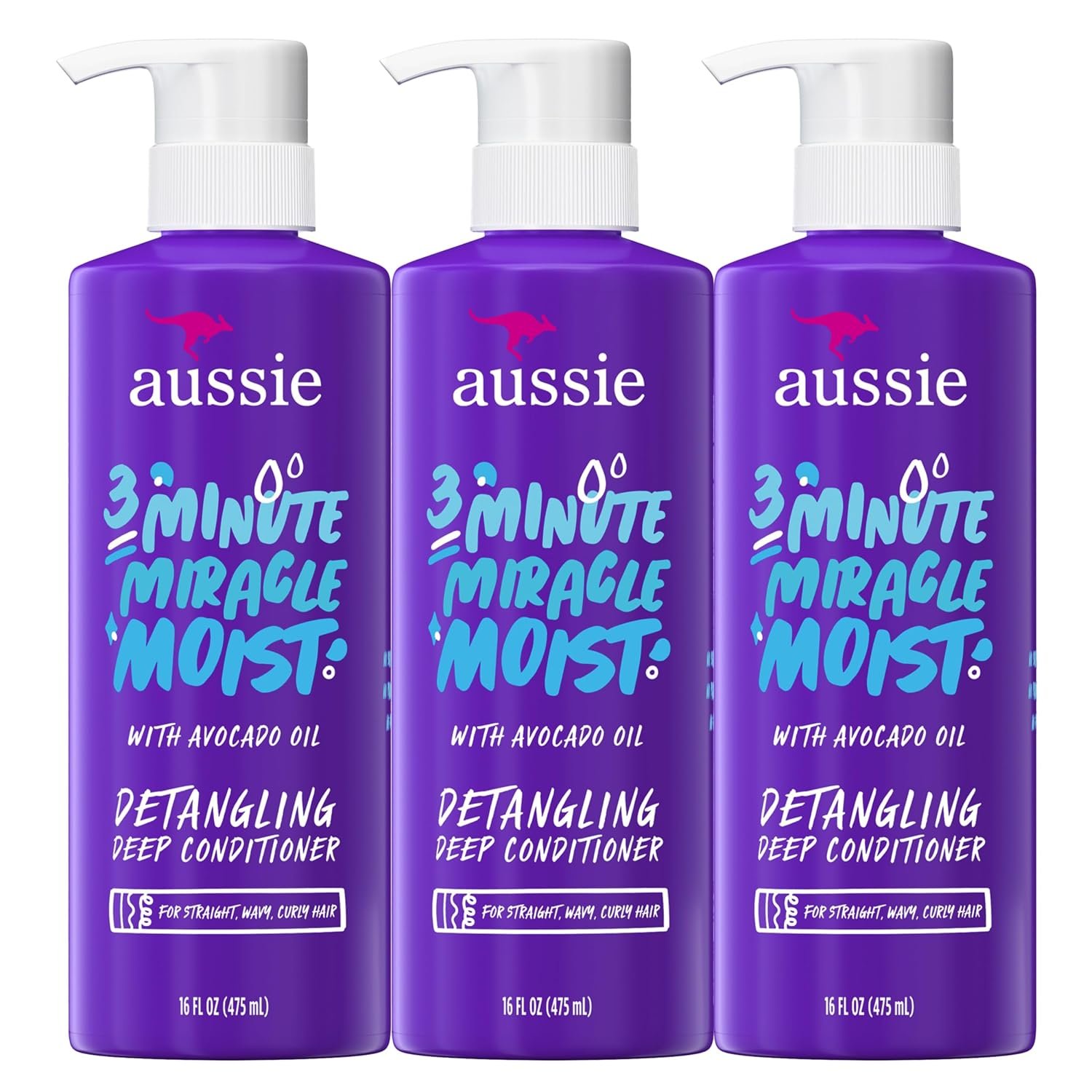 Aussie 3 Minute Miracle Moist Deep Conditioner for Dry Hair, Avocado & Jojoba Oil, Safe for Color Treated Hair, Nourishing Hydration, Silky Shine, Paraben-Free, 16 Fl Oz Each, Triple Pack