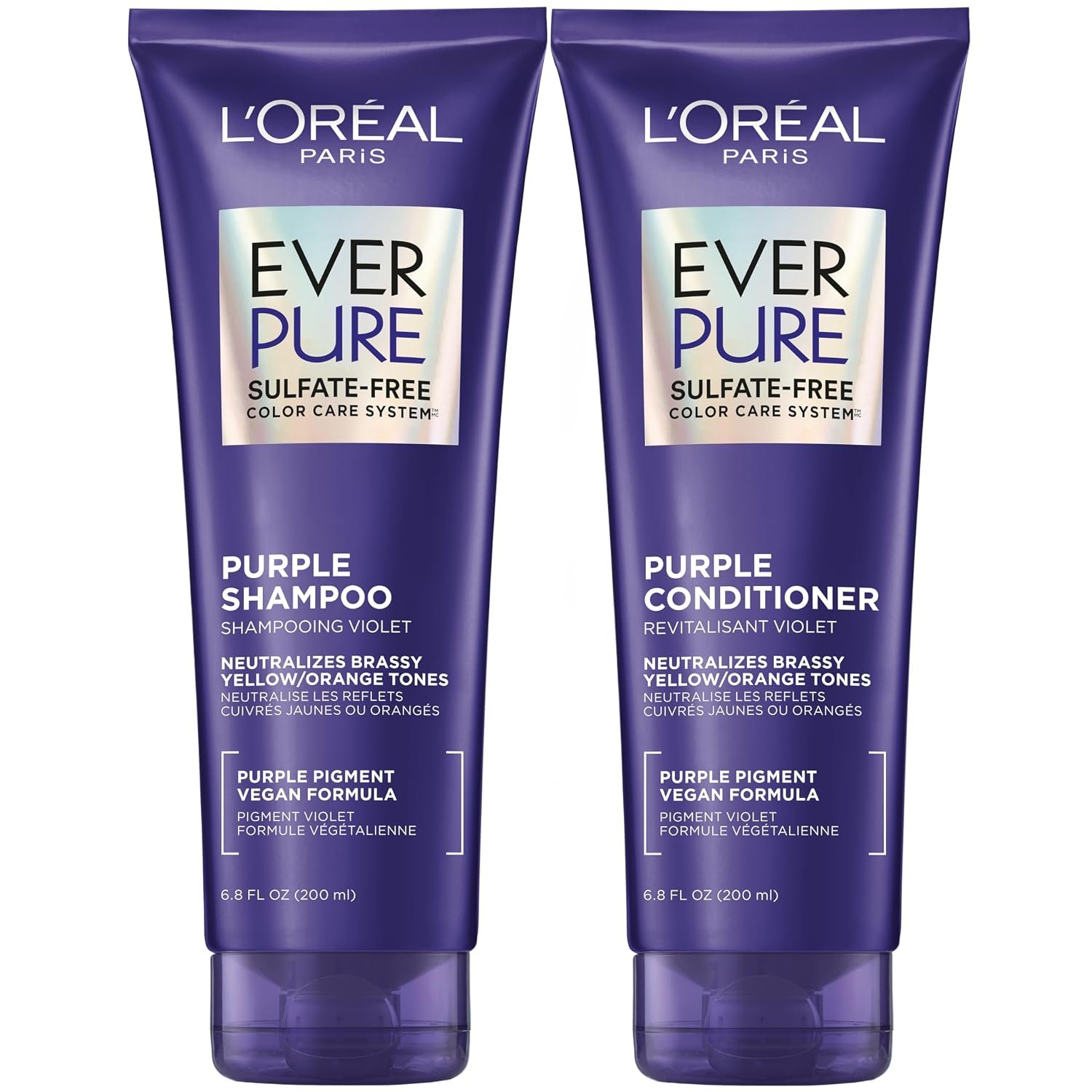 L’Oreal Paris EverPure Purple Shampoo and Conditioner Set, Sulfate-Free Brass Toning for Blonde, Bleached, Highlighted, Silver or Gray Color-Treated Hair, 13.6 Fl Oz Set