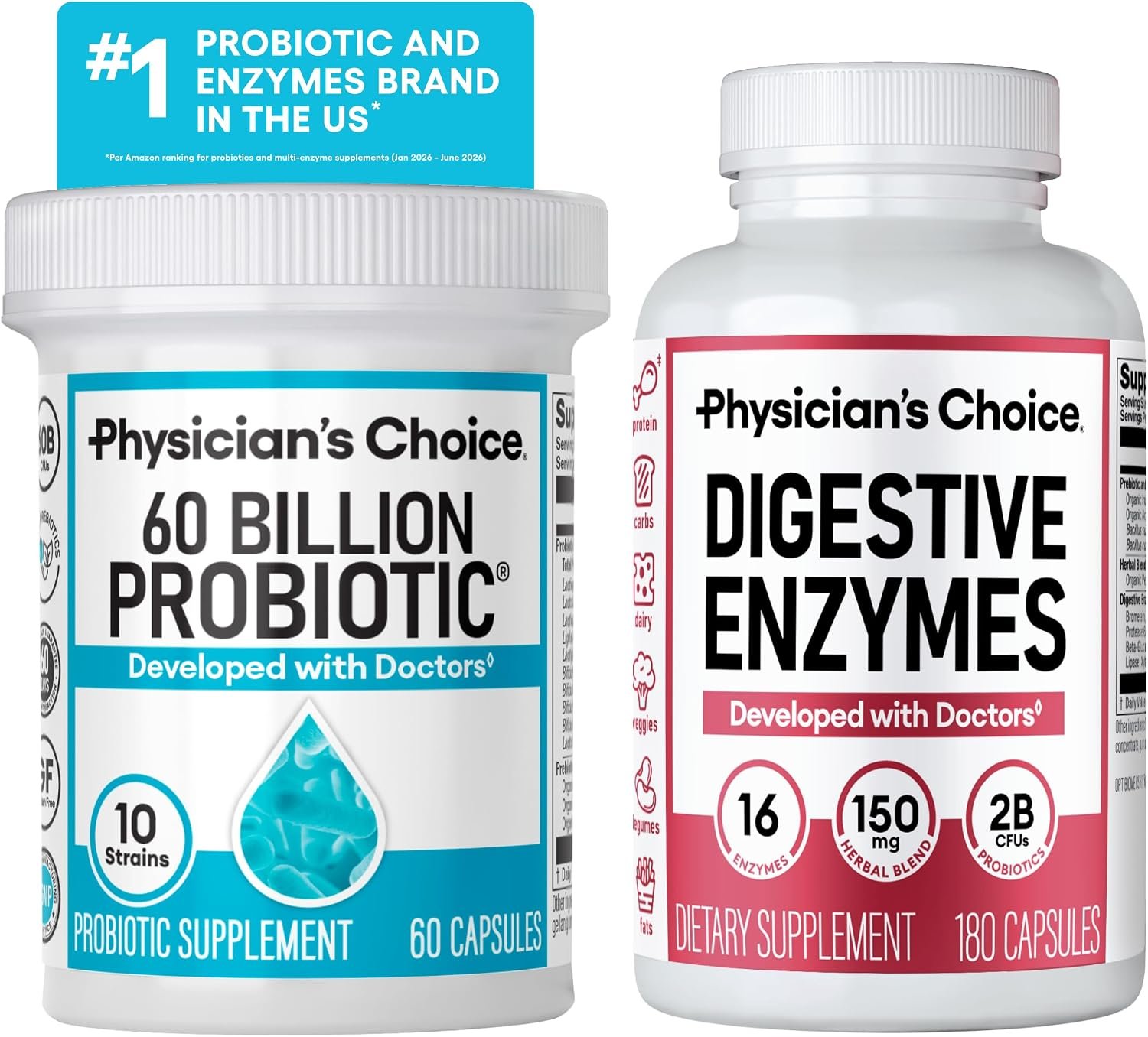Physician’s CHOICE Advanced Gut Health Bundle: 60 Billion Probiotic 60ct + Digestive Enzymes 180ct w/Lactase+ Digestive, Gut, Immune Health Supports Occasional Constipation, Diarrhea, Gas, Bloating