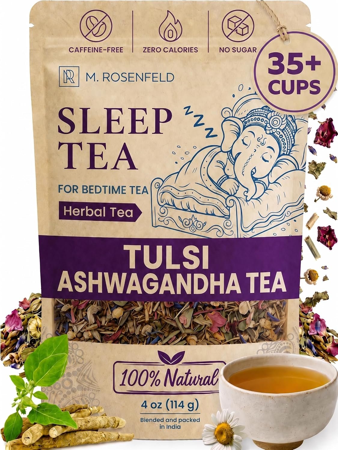 Tulsi Ashwagandha Tea Loose Leaf – Sleep Tea for Night Time – Evening Ritual Herbal Blend for Sleep Support & Relaxation – Caffeine Free with Holy Basil, Chamomile, Lemongrass & Lavender, 4 oz