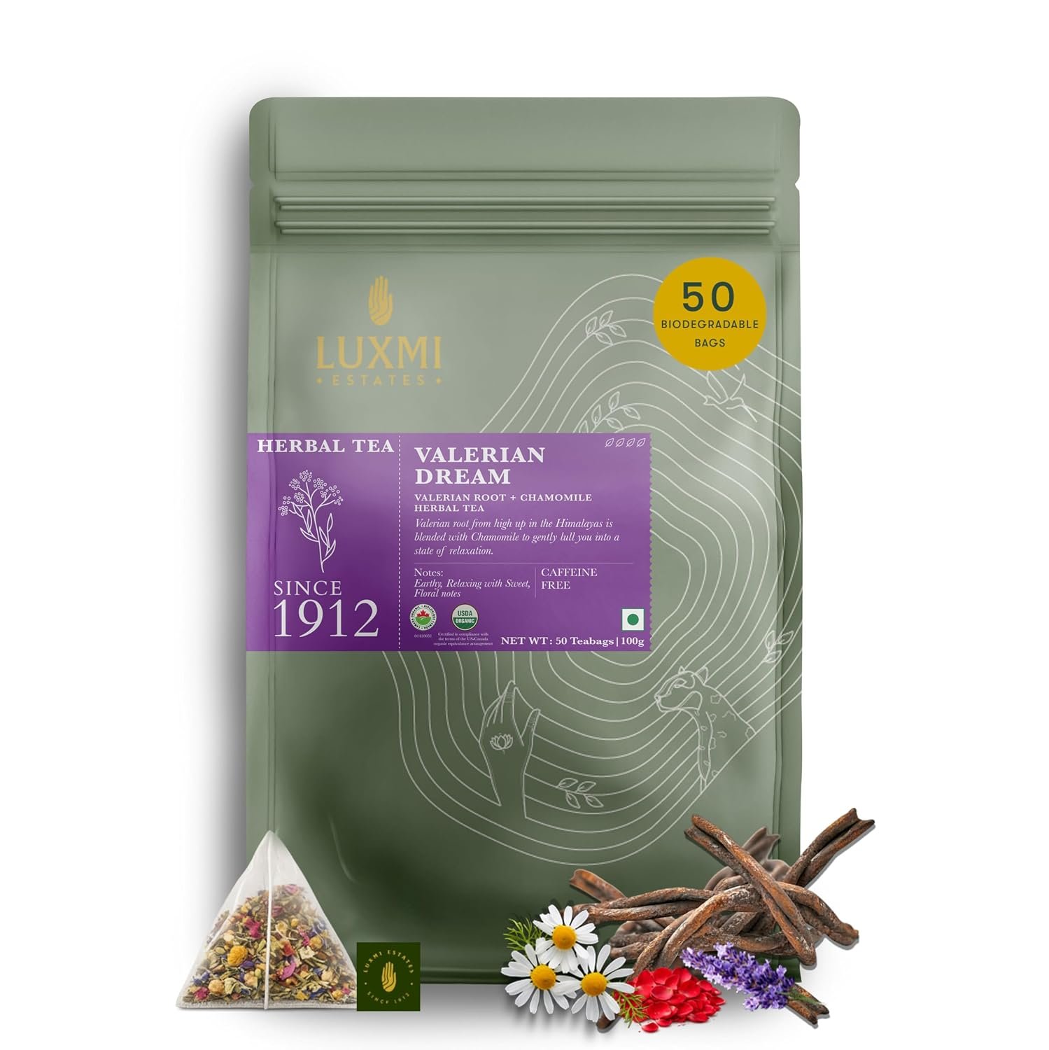 Luxmi Estates Valerian Dream Organic Valerian Root Tea, 50 Tea Bags