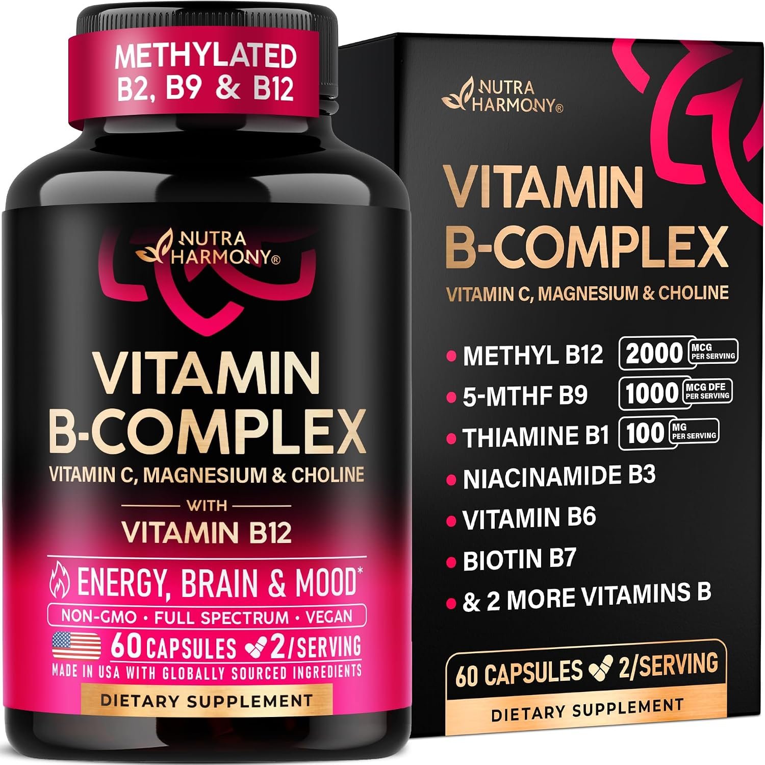Vitamin B Complex for Women & Men – Methylated B-Complex & Vit B12, 60 Caps