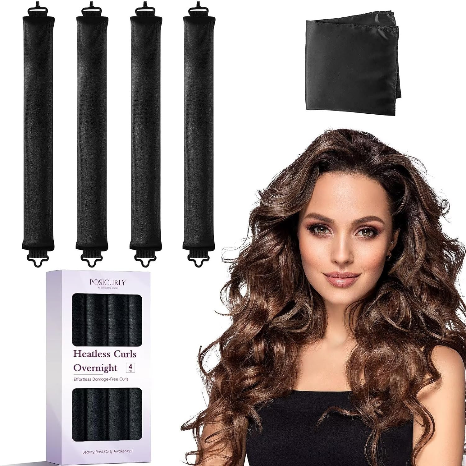 Heatless Curls Overnight Hair Curlers – 4 Pcs No-Heat Curling Rod to Sleep In,Velvet Hair Rollers with Satin Wrap