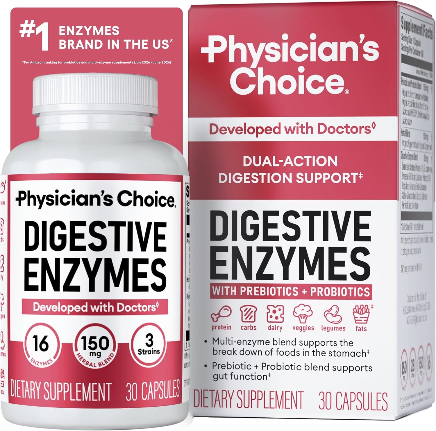 Physician’s CHOICE Digestive Enzymes for Bloating & Digestion – Fast-Acting 16 Enzyme Formula with Organic Prebiotics & Probiotics for Gut & Digestive Health – Meal Time Discomfort Relief – 30 CT