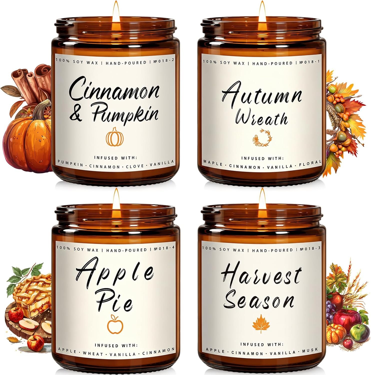Auelife Fall Candle Set | 4 Pack Scented Candles for Home – Candle Gifts for Women Men, Soy Candles Home Scented | Autumn Fragrance of – Apple Pie/Cinnamon/Harvest/Wreath