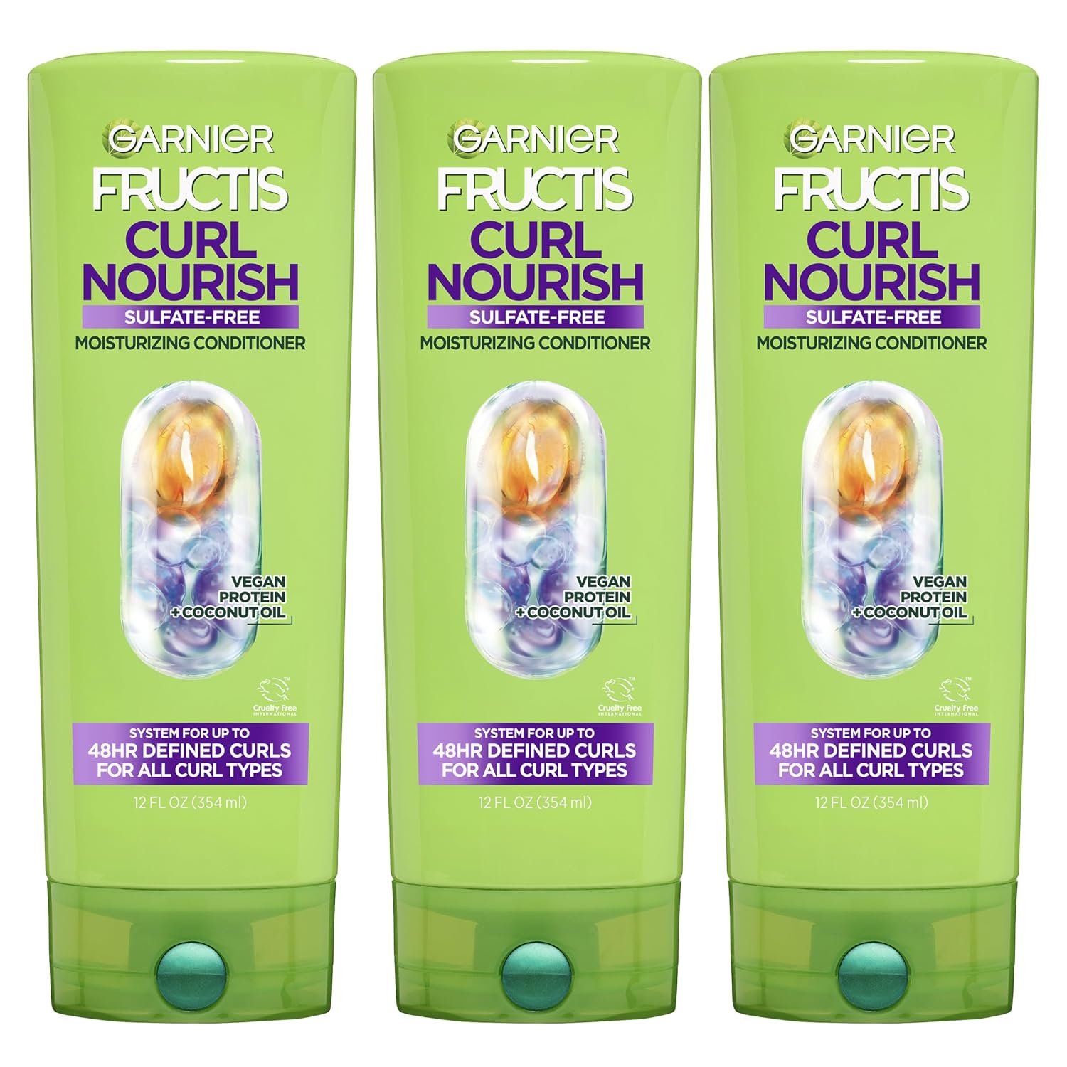 Garnier Fructis Curl Nourish Moisturizing Conditioner for Curly Hair, Plant Protein and Coconut Oil Formula, Up to 48HR of Curl Definition, Sulfate Free & Vegan, 12 Fl Oz, 3 Count (Packaging May Vary)