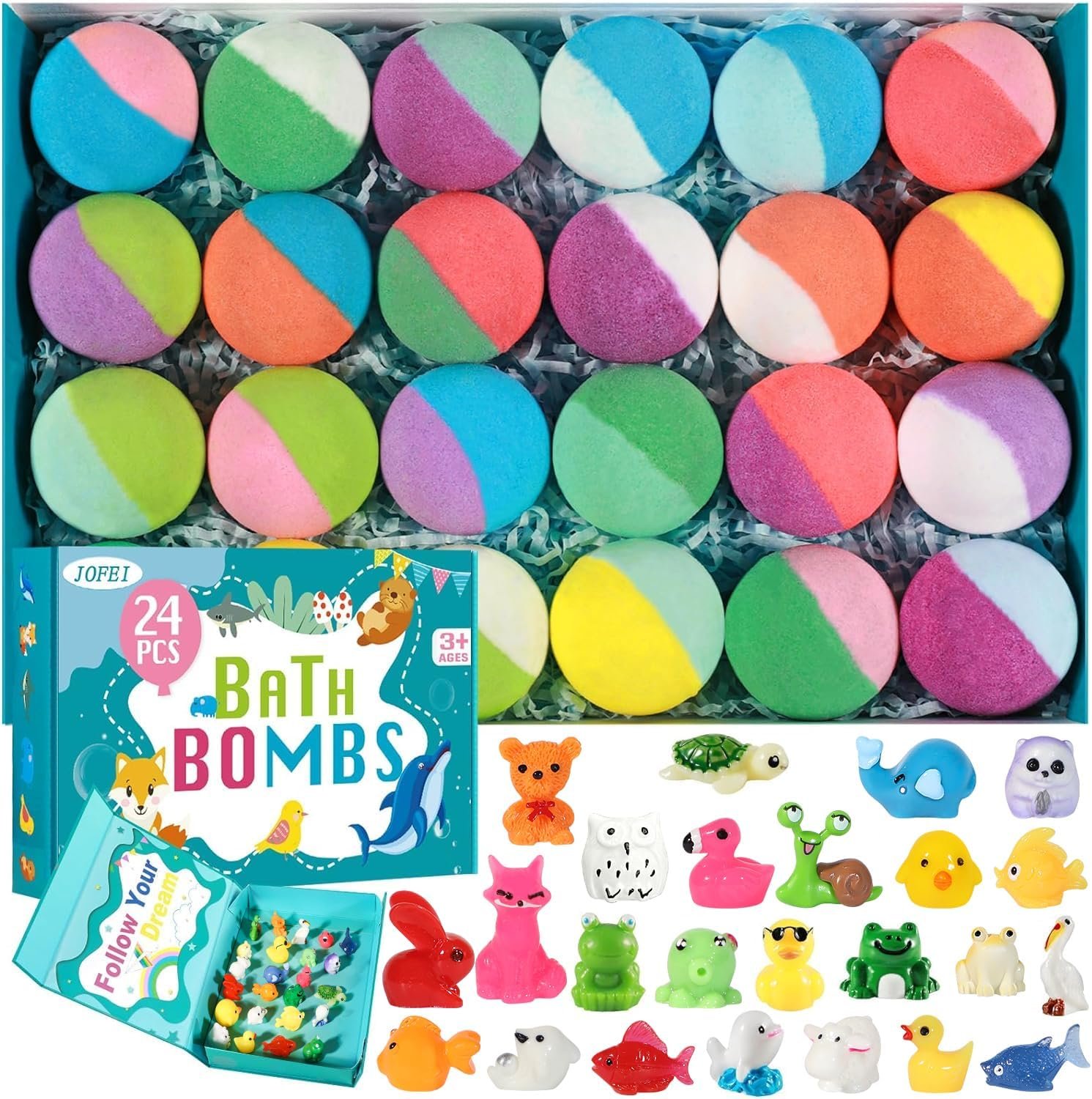 Bath Bombs for Kids with Surprise Inside, 24 Pack Kids Bath Bombs Gift Set, Christmas Gift for Kids Stocking Stuffers for Boys Girls Kid Bubble Bath Fizzy with Bath Toys Inside