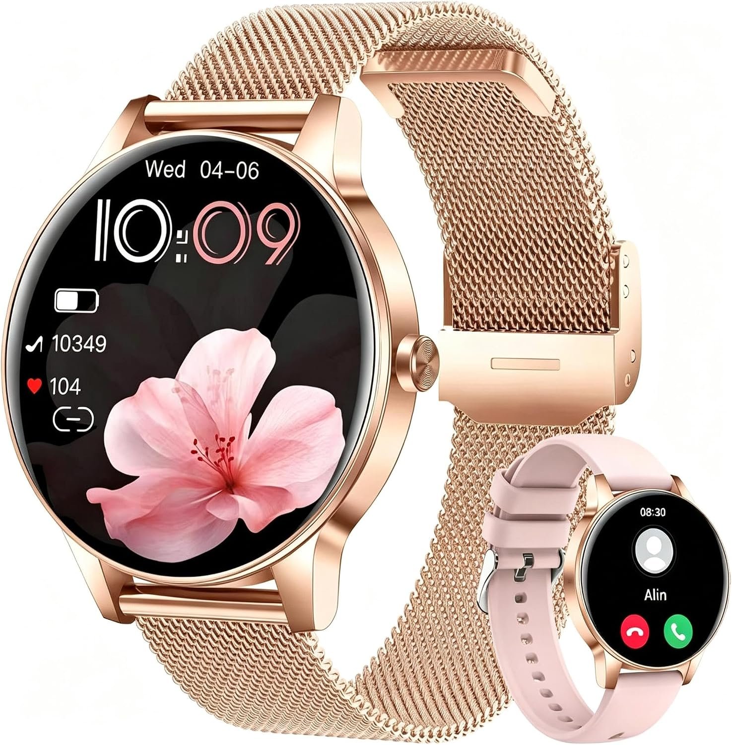 Smart Watches for Women, (Answer/Make Calls) 1.27″ Fitness Watches with Sleeping/Heart Rate/SpO2 Monitoring, Activity Tracker for Android Phones and iPhone Compatible, Gold Metal Band Included