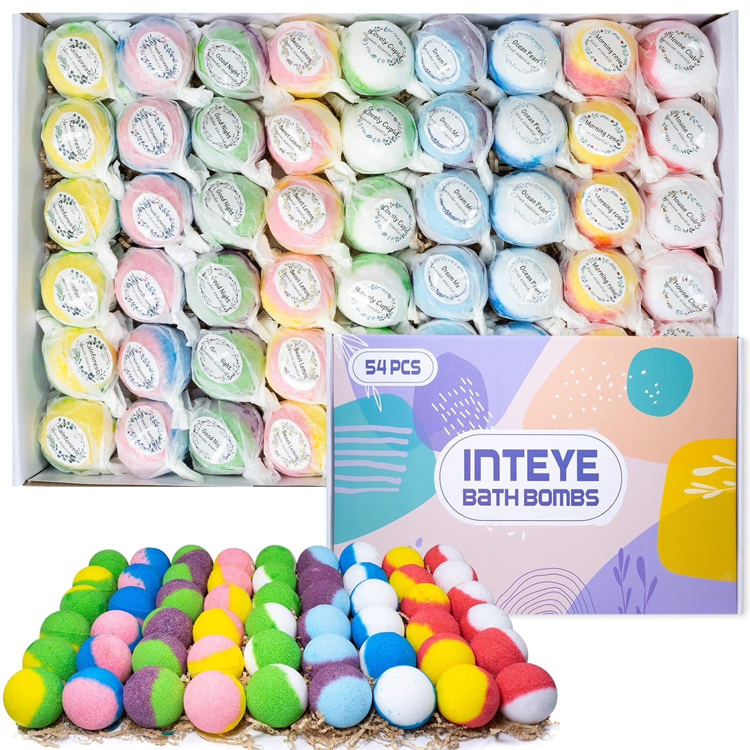 INTEYE Luxury Bath Bombs Gift Set – 54pcs, 9 Aromas, Natural Spa Quality