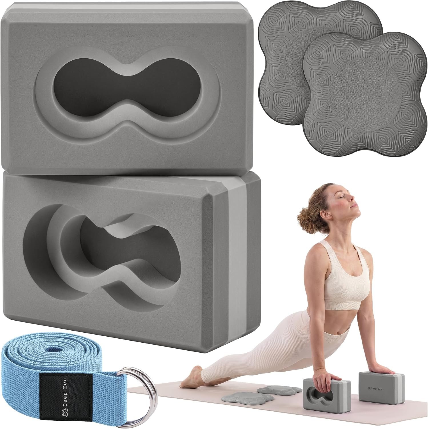 Yoga Blocks 2 Pack with Wrist Support, 2 Knee Pads & Strap