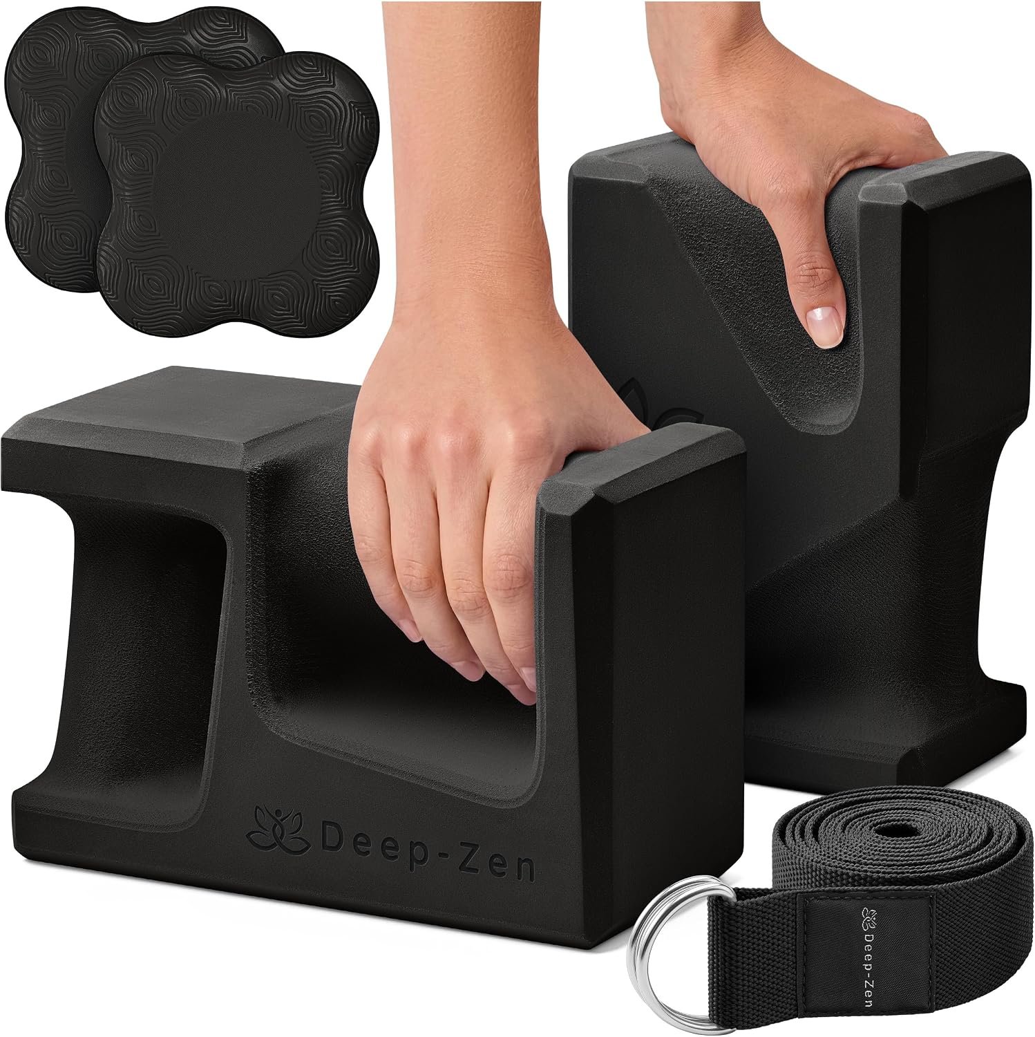 PRO Yoga Blocks 2 Pack, Ergonomic Hand Grip, 2 Knee Pads & Strap