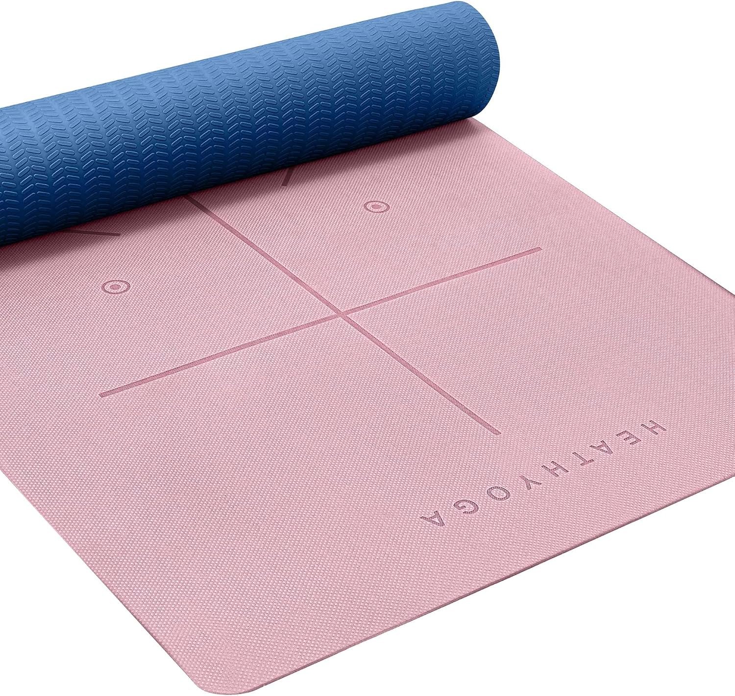 Heathyoga Yoga Mat Non Slip TPE Pilates Exercise Mats for Home Workout Gym Fitness Eco Friendly Thick Hot Yoga Mat with Strap Body Alignment,72″x 26″ Thickness 1/4″